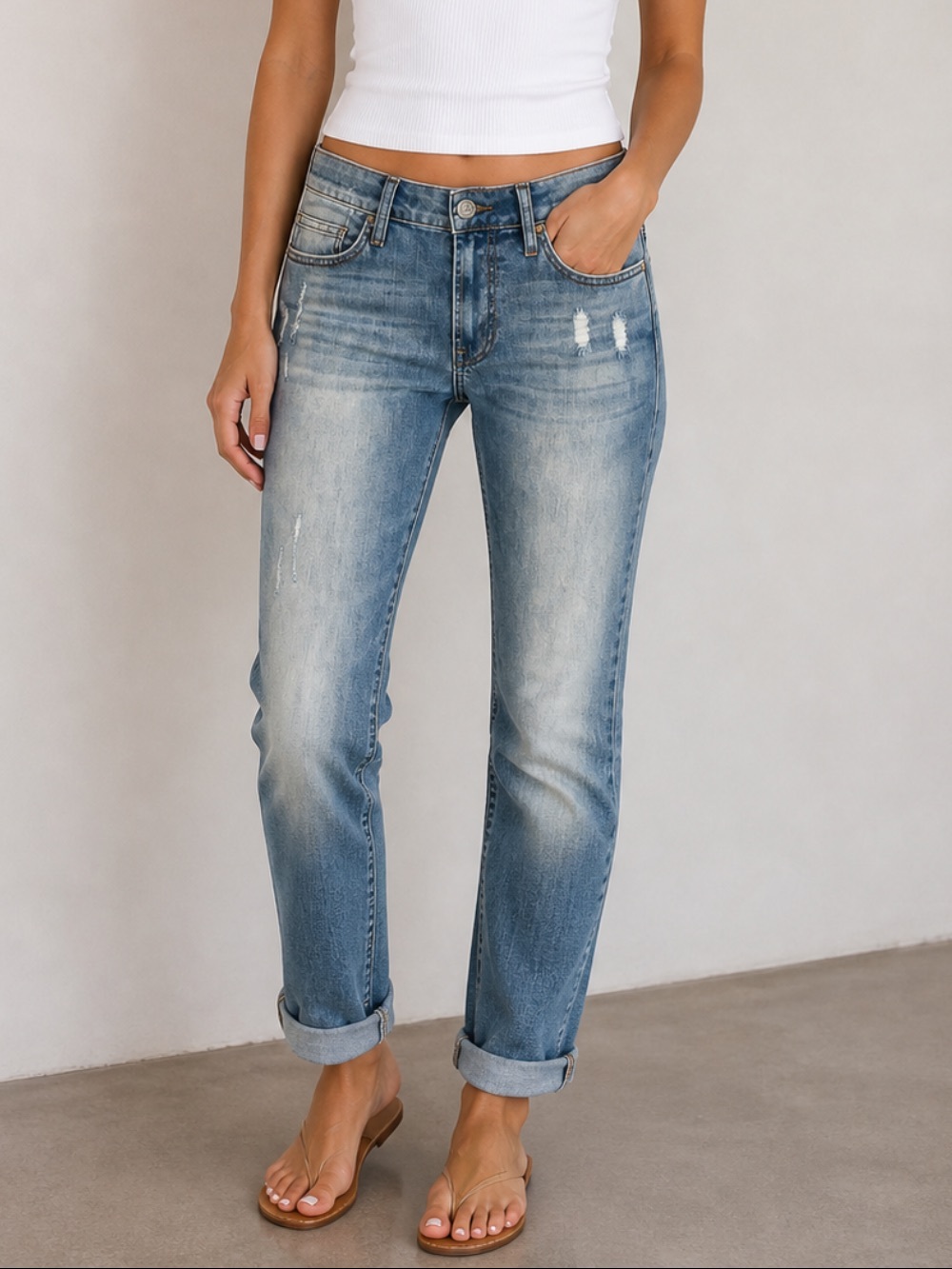 Mercy & Loyal Faded Med Wash Boyfriend Midrise‎ Distress Cuffed Jeans Size M